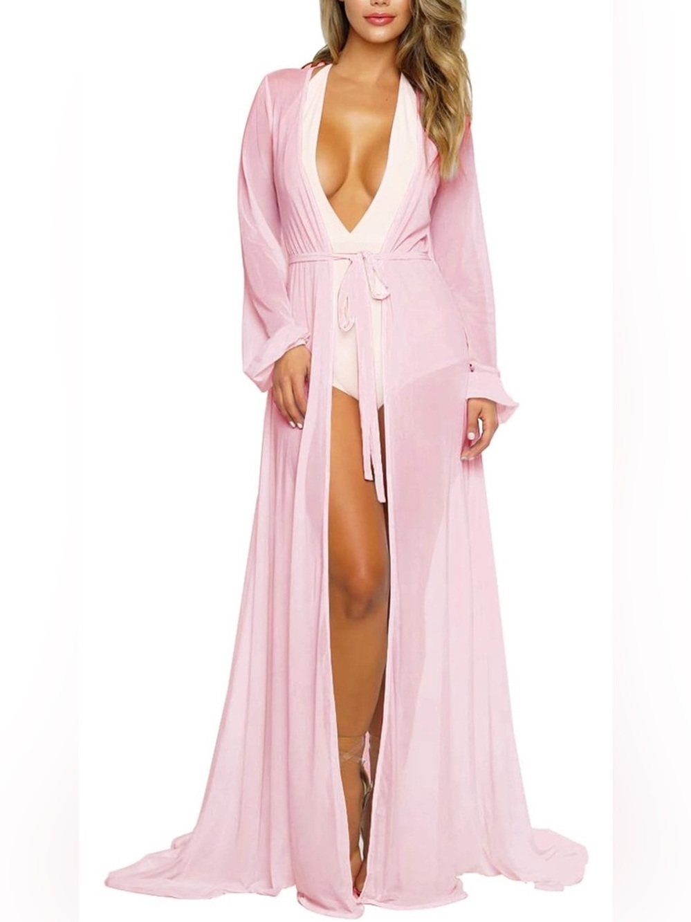 Sheer Pink Long Robe with Tie - Women's Intimates